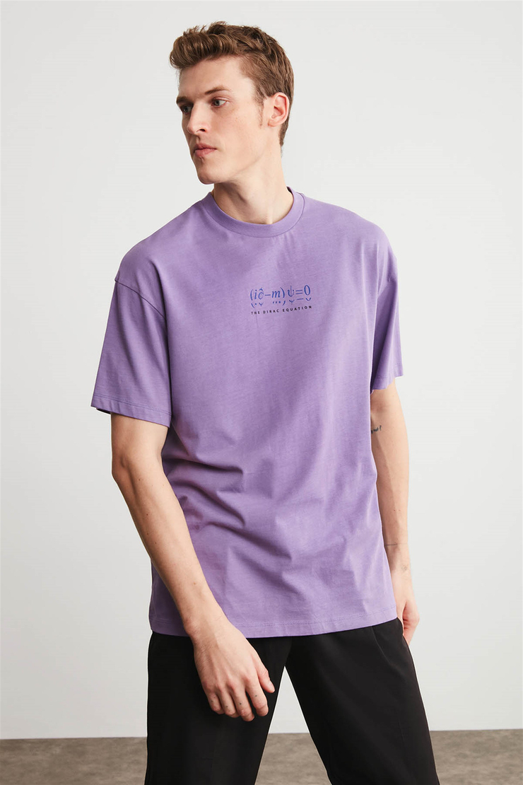 PETER Erkek Mor Baskılı Yuvarlak Yaka Oversize T-Shirt