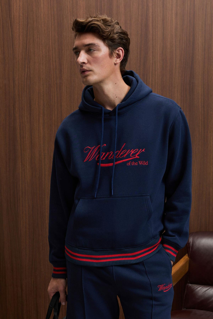 PHANTOSEAS Erkek Kapüşonlu Önü Nakışlı Etek Ve Kol Triko Detaylı Lacivert Sweatshirt
