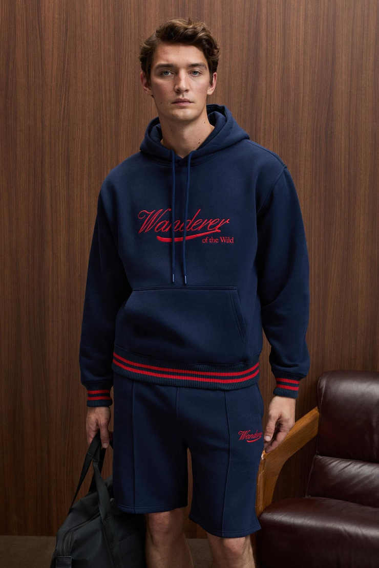 PHANTOSEAS Erkek Kapüşonlu Önü Nakışlı Etek Ve Kol Triko Detaylı Lacivert Sweatshirt