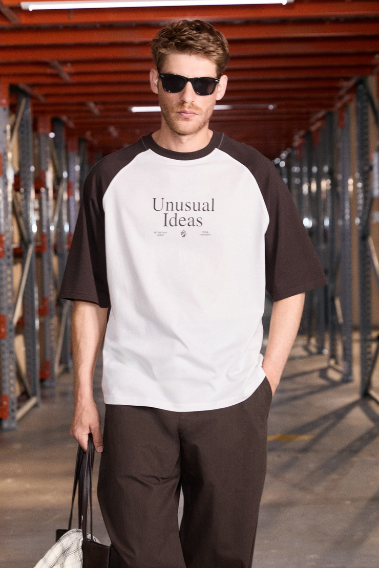 PIMBA Erkek %100 Organik Pamuklu Yakası Ve Kolları Kontrast Renkli Ekru-Kahverengi T-Shirt