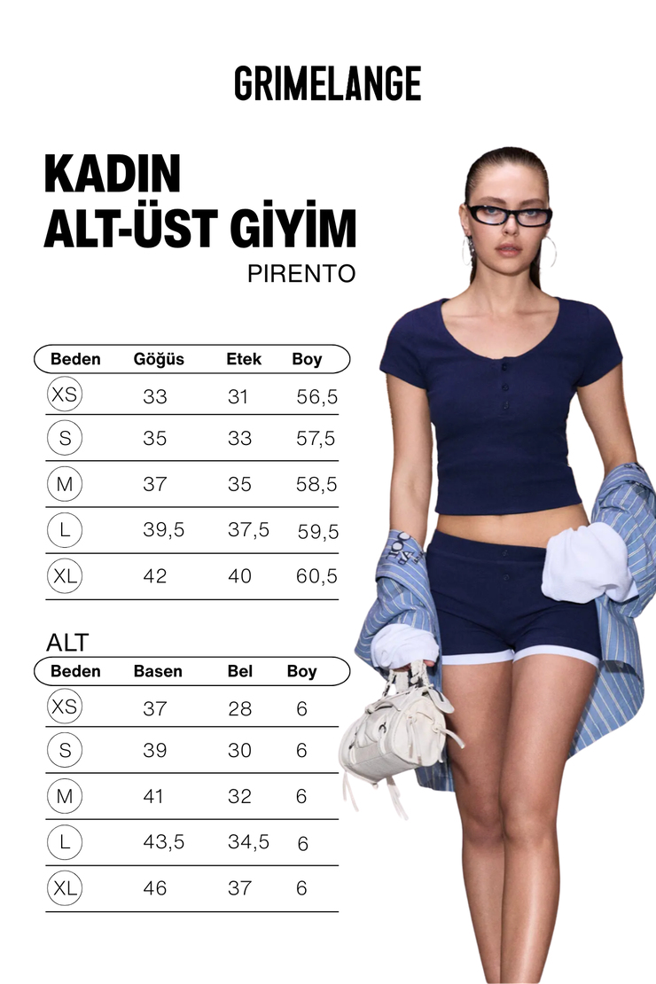 PIRENTO Kadın Oyuk Ve Düğmeli Yakaya Sahip Kontrast Garnili Şortlu Lacivert Alt-Üst Takım