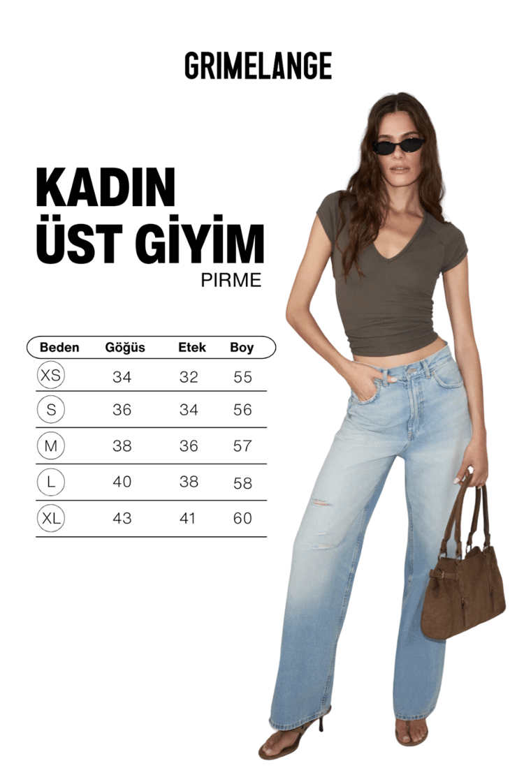 PIRME Kadın Yumuşak Ve Esnek Kumaşlı Organik Pamuklu V Yakalı Haki T-Shirt