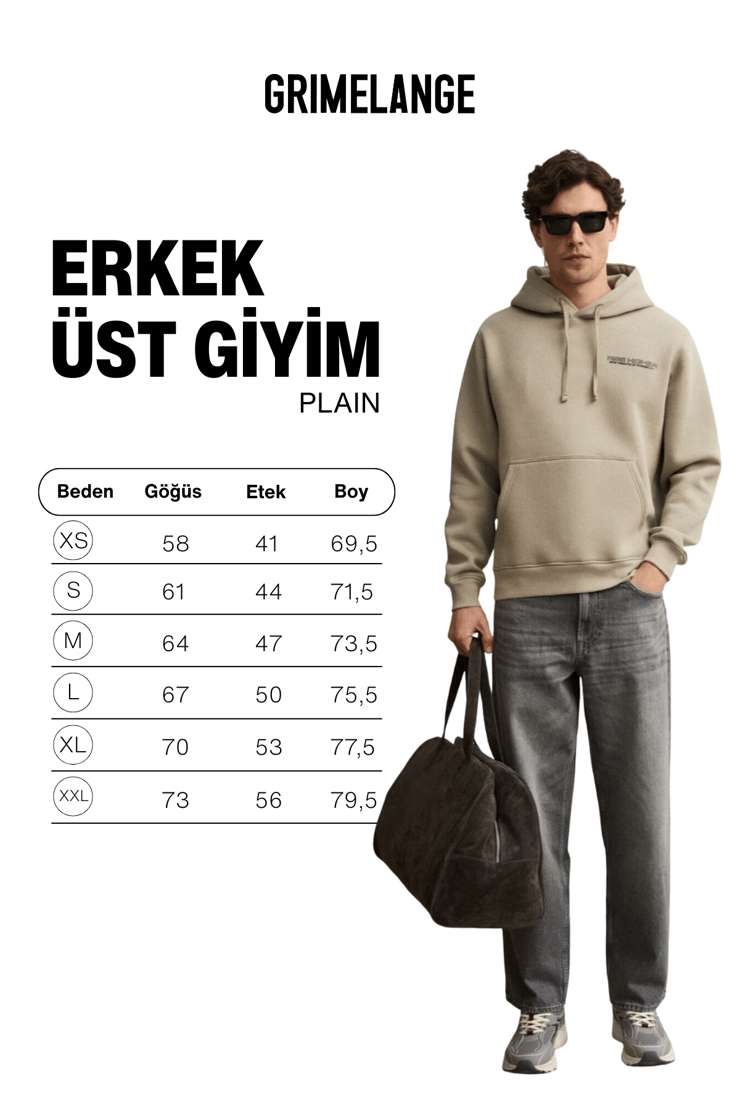 PLAIN Erkek Organik Pamuklu İçi Polarlı Kangru Cepli Bakılı Rwgular Taş Rengi Sweatshirt