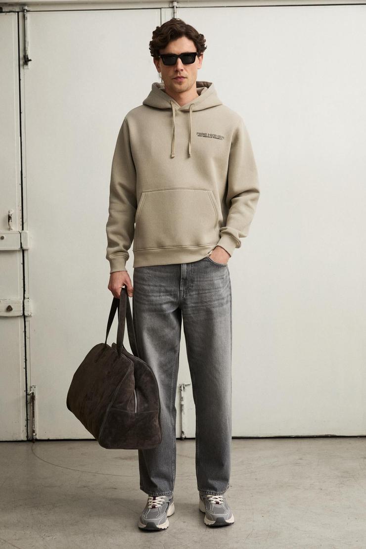PLAIN Erkek Organik Pamuklu İçi Polarlı Kangru Cepli Bakılı Rwgular Taş Rengi Sweatshirt