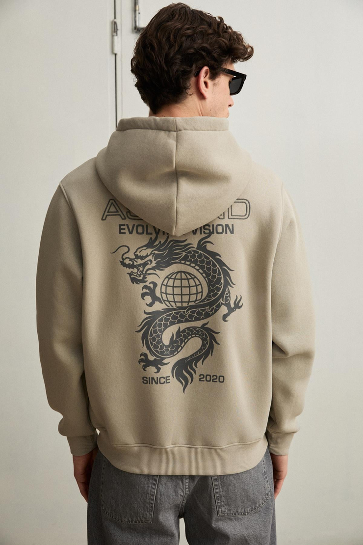 PLAIN Erkek Organik Pamuklu İçi Polarlı Kangru Cepli Bakılı Rwgular Taş Rengi Sweatshirt