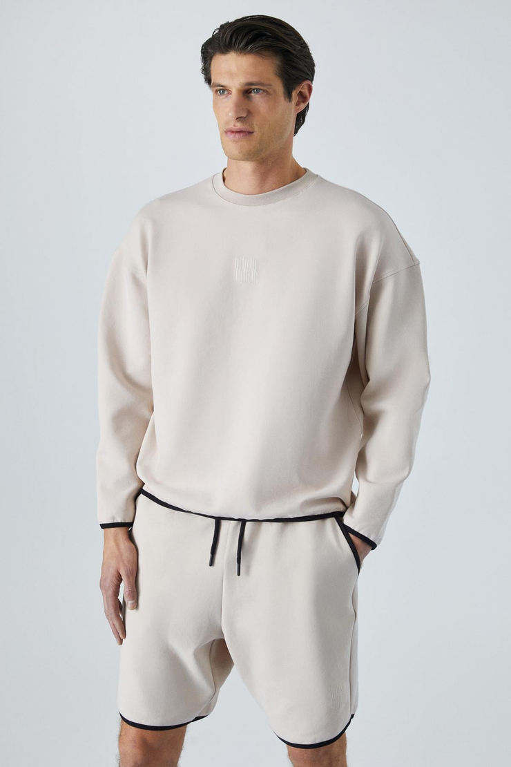 PLEMON Erkek Bisiklet Yaka Uzun Kol Baskı Detaylı Oversize Taş Rengi Sweatshirt