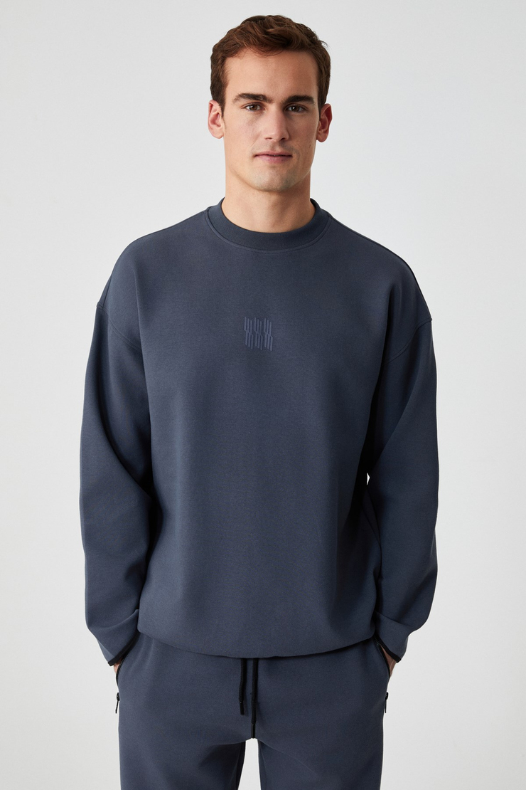 PLEMON Erkek Bisiklet Yaka Uzun Kol Baskı Detaylı Oversize Gri Sweatshirt