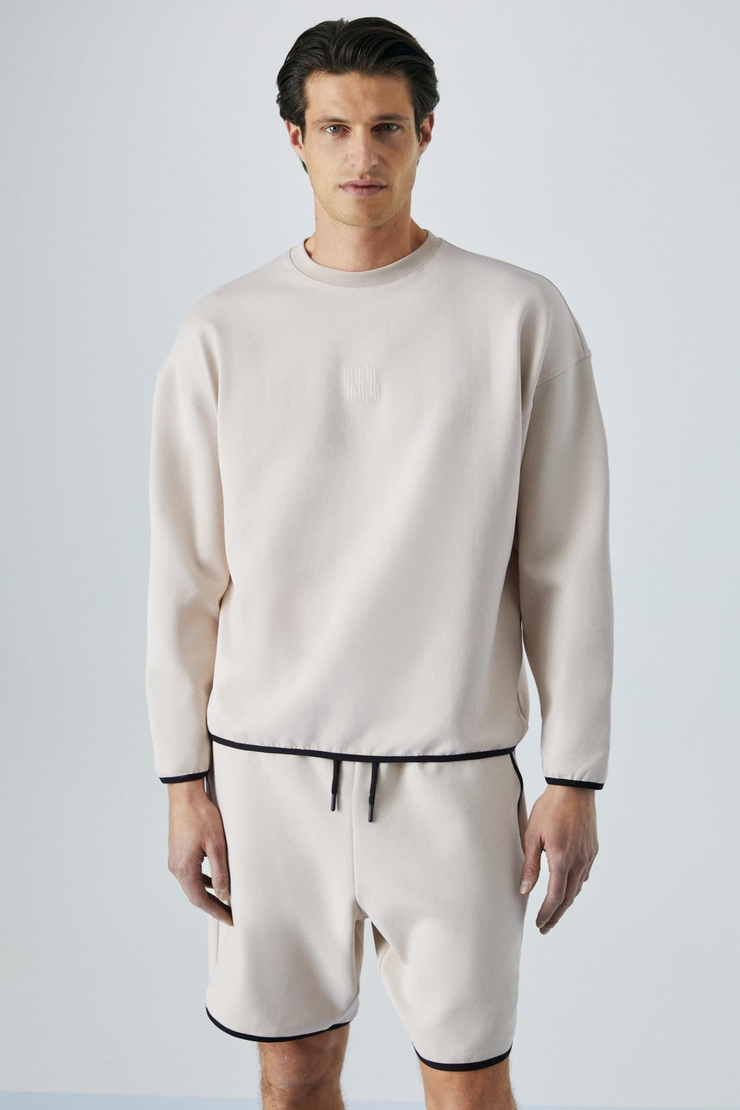 PLEMON Erkek Bisiklet Yaka Uzun Kol Baskı Detaylı Oversize Taş Rengi Sweatshirt