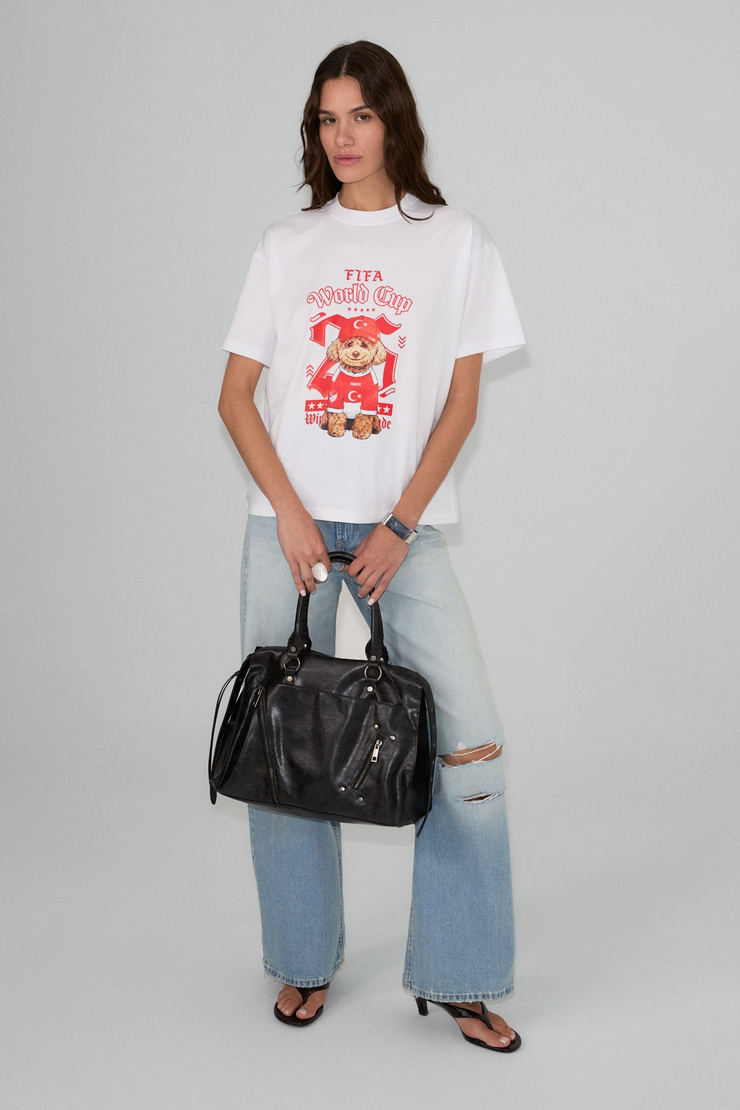 PLENE Kadın Yumuşak Ve Esnek Kumaşlı Organik Pamuklu Dünya Kupasına Özel Baskılı Beyaz T-Shirt