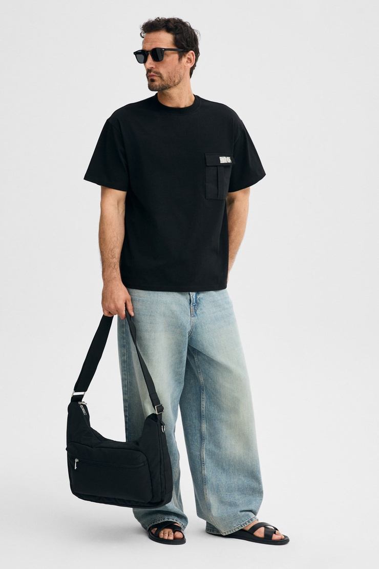 POCKET Erkek %100 Organik Pamuklu Dokuma Cepli Etiket Detaylı Siyah T-Shirt