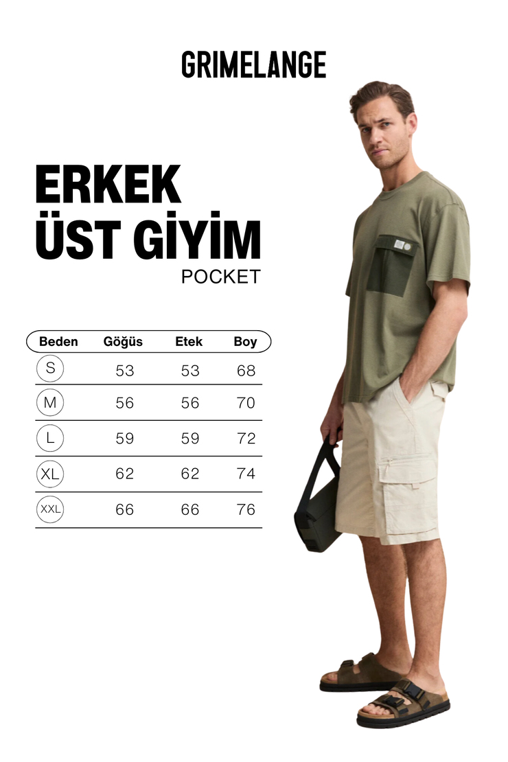 POCKET Erkek %100 Organik Pamuklu Dokuma Cepli Etiket Detaylı Haki T-Shirt