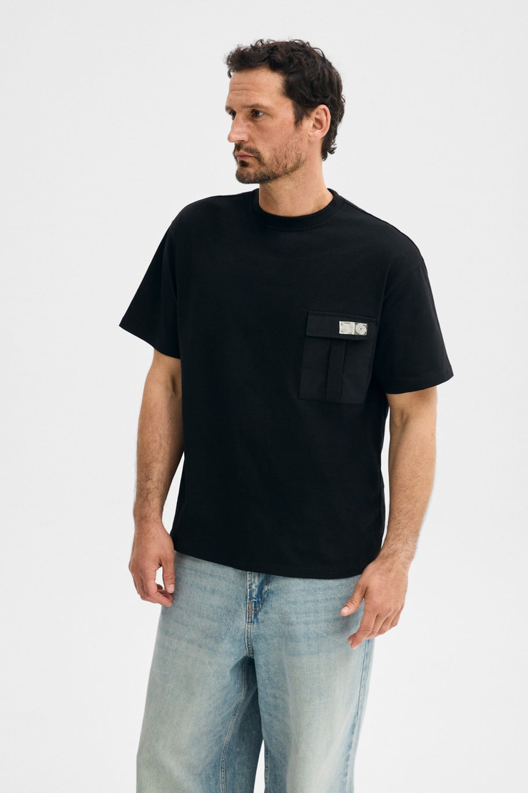 POCKET Erkek %100 Organik Pamuklu Dokuma Cepli Etiket Detaylı Siyah T-Shirt