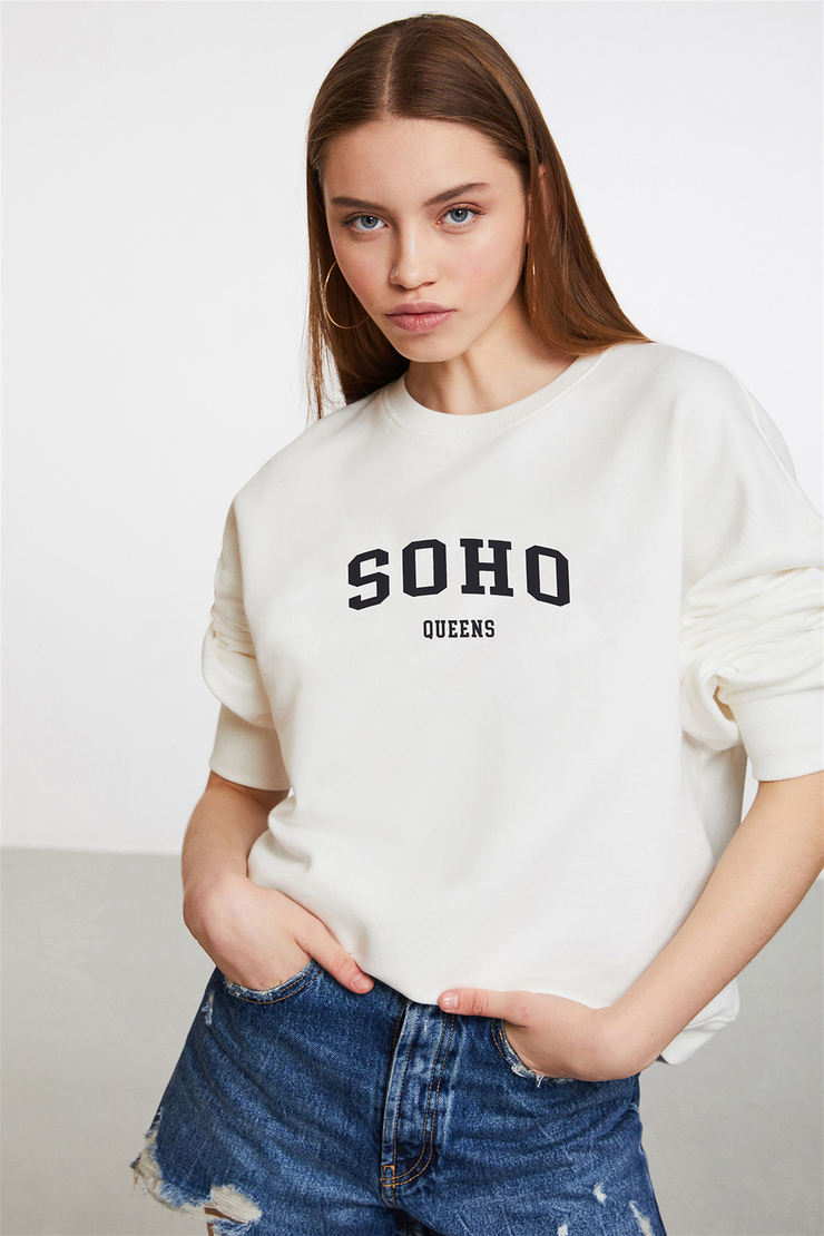 POLYNESIA Kadın Ekru Baskılı Yuvarlak Yaka Comfort Fit Sweatshirt