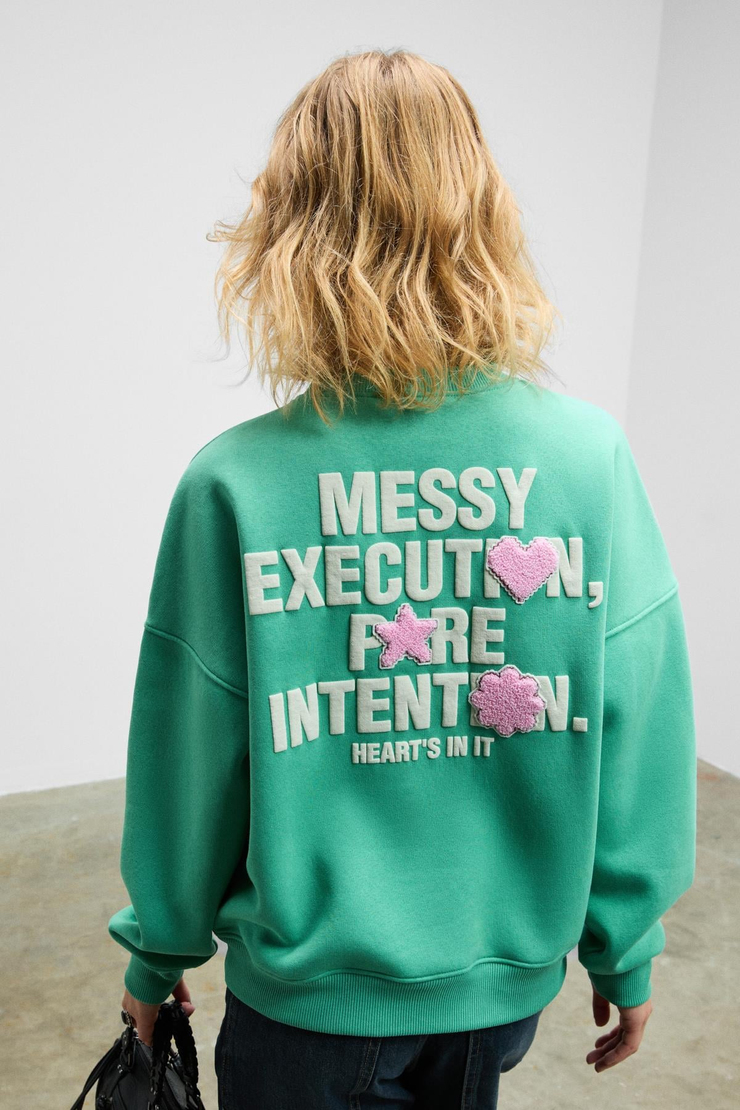 PRIENCE Kadın Yumuşak Kumaşlı Baskılı Ve Havlu Patchlı Yuvarlak Yaka Yeşil Sweatshirt