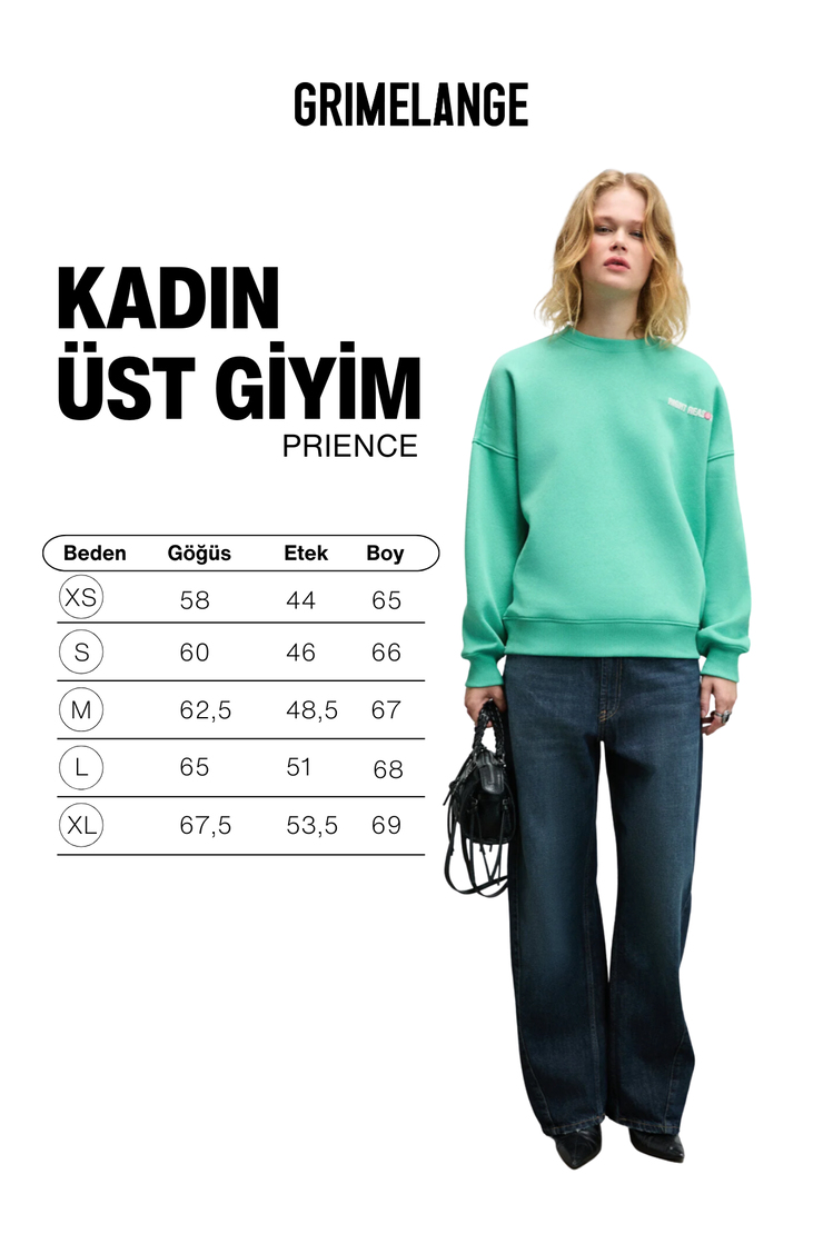 PRIENCE Kadın Yumuşak Kumaşlı Baskılı Ve Havlu Patchlı Yuvarlak Yaka Yeşil Sweatshirt