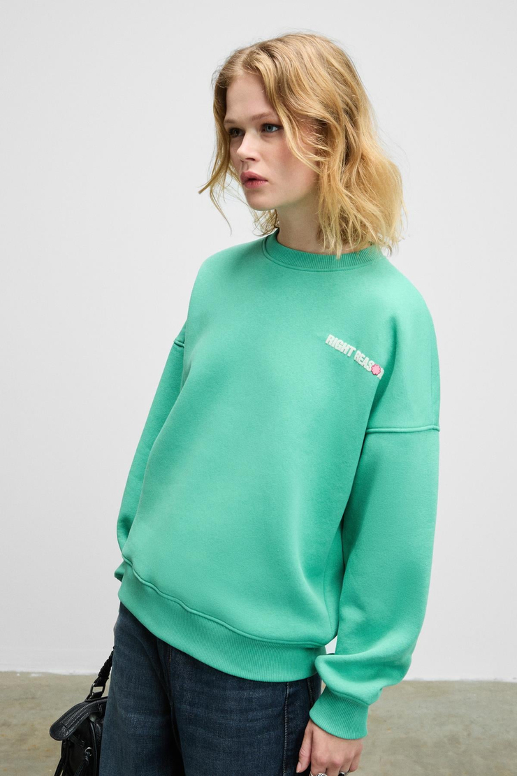 PRIENCE Kadın Yumuşak Kumaşlı Baskılı Ve Havlu Patchlı Yuvarlak Yaka Yeşil Sweatshirt