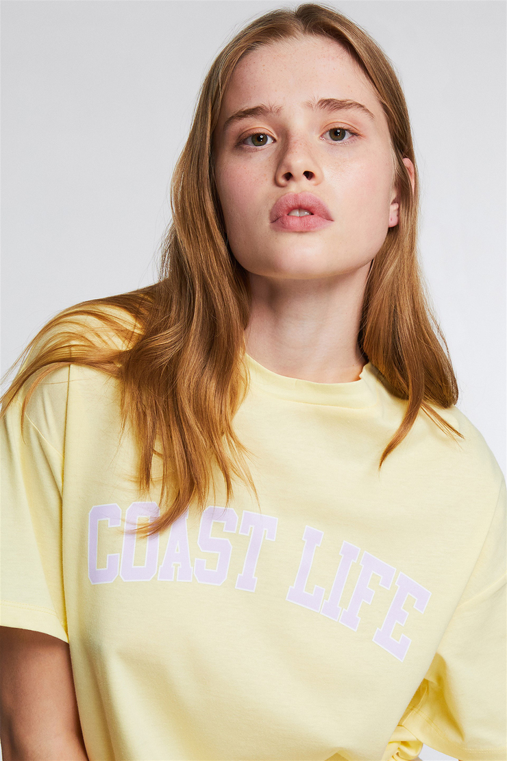 PUERTO Kadın Sarı Baskılı Yuvarlak Yaka Comfort Fit T-Shirt