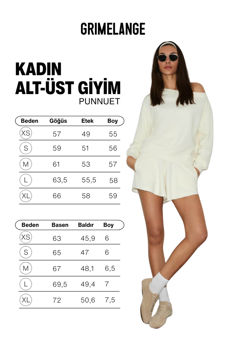 PUNNUET Kadın Organik Pamuklu Kayık Yaka Beli Lastikli Çift Cepli Relaxed Ekru Alt-Üst Takım