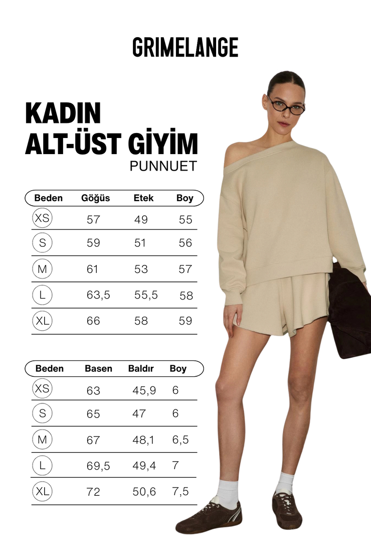 PUNNUET Kadın Organik Pamuklu Kayık Yaka Beli Lastikli Çift Cepli Relaxed Bej Alt-Üst Takım