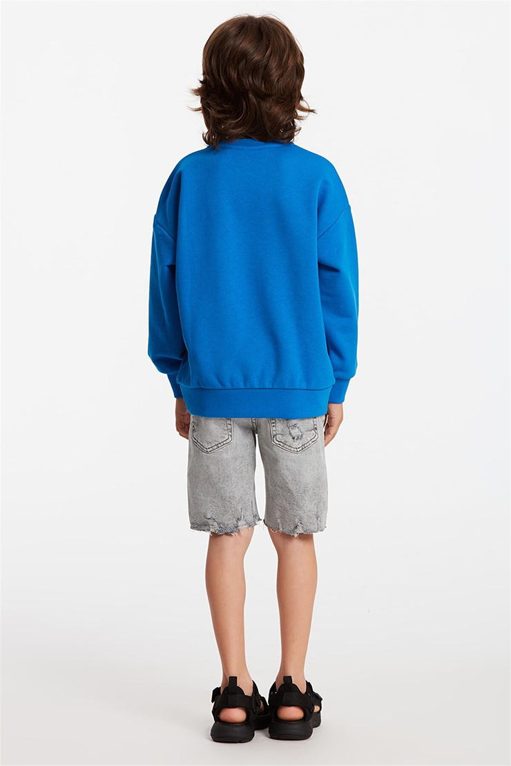 PUZZLE Çocuk Saks Mavi Baskılı Yuvarlak Yaka Relaxed Fit Sweatshirt
