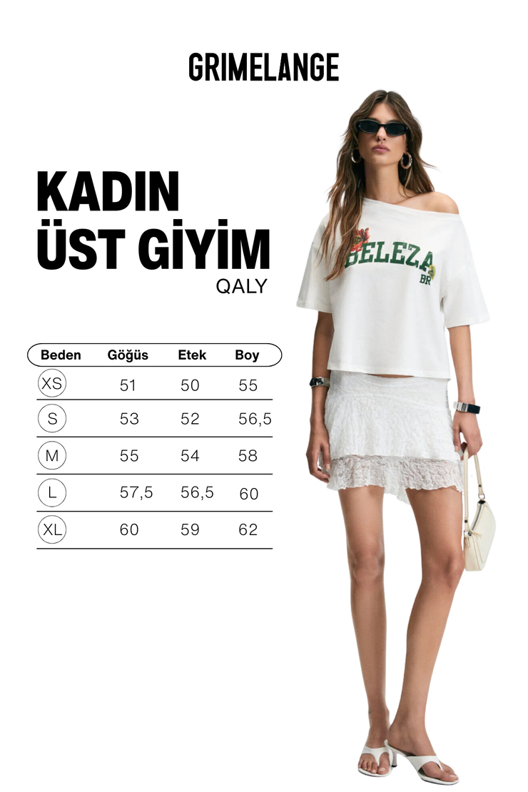 QALY Kadın Kayık Yaka Tek Omuz Kısa Kol Ön Ve Arka Baskı Detaylı Relaxed Ekru T-Shirt