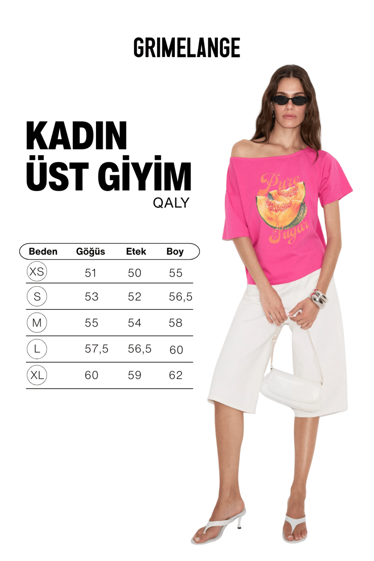 QALY Kadın Kayık Yaka Tek Omuz Kısa Kol Ön Ve Arka Baskı Detaylı Relaxed Pembe T-Shirt