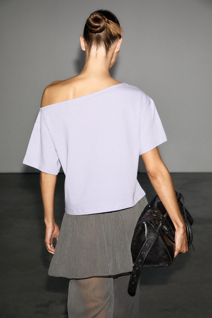 QALY Kadın Kayık Yaka Tek Omuz Kısa Kol Ön Ve Arka Baskı Detaylı Relaxed Lila T-Shirt