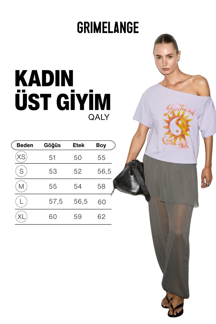 QALY Kadın Kayık Yaka Tek Omuz Kısa Kol Ön Ve Arka Baskı Detaylı Relaxed Lila T-Shirt