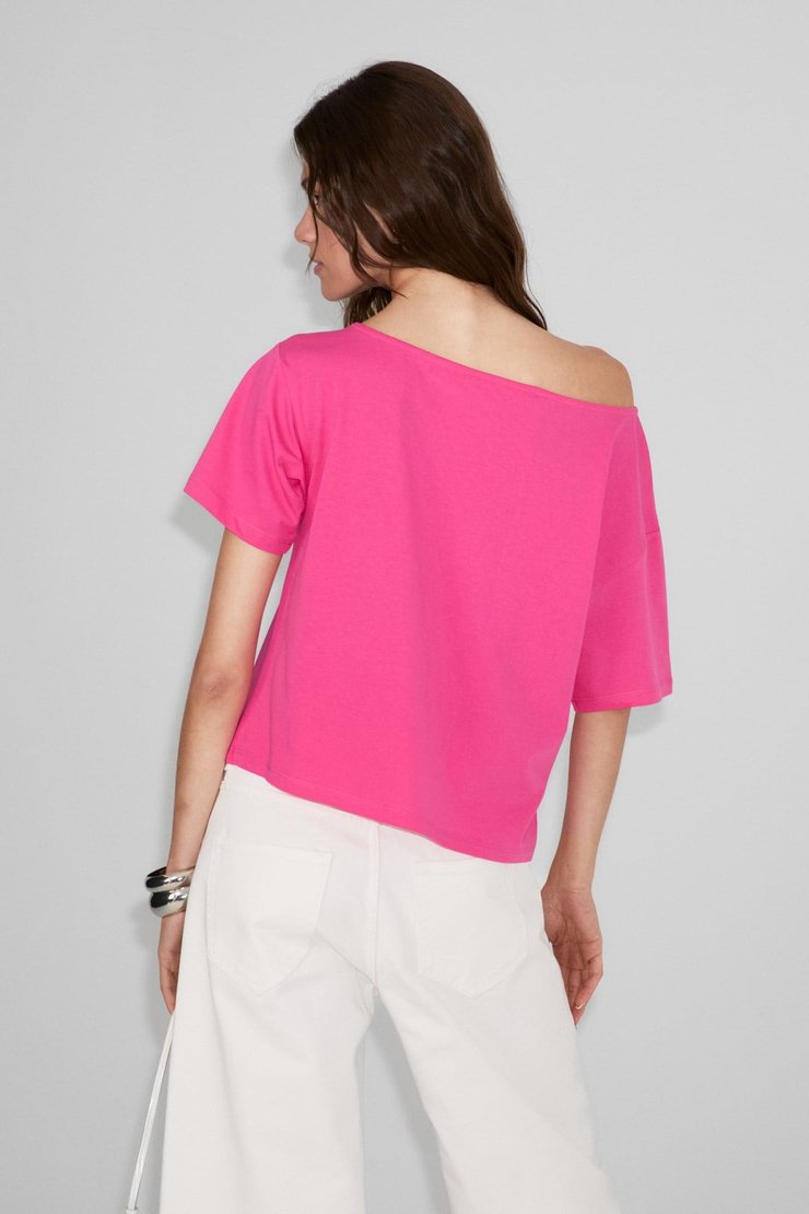 QALY Kadın Kayık Yaka Tek Omuz Kısa Kol Ön Ve Arka Baskı Detaylı Relaxed Pembe T-Shirt