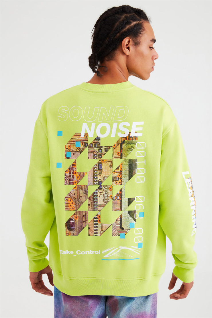 RAD Erkek Neon Yeşil Baskılı Yuvarlak Yaka Oversıze Sweatshirt