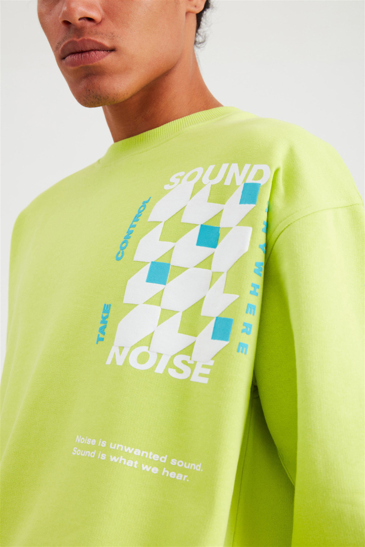 RAD Erkek Neon Yeşil Baskılı Yuvarlak Yaka Oversıze Sweatshirt