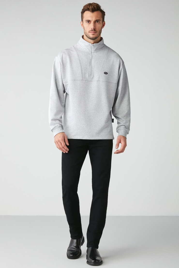 RADIANT Erkek %100 Organik Pamuk Nakış Detaylı Yarım Fermuarlı Dik Yakalı Grimelanj Sweatshirt
