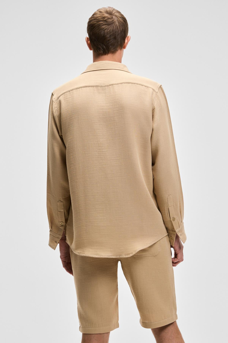 RAIMO Erkek %100 Pamuklu Manşetli Uzun Kol Comfort Fit Bej Gömlek