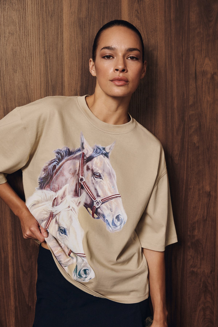 RANCHERA Kadın Baskılı Kısa Kollu Relaxed Bej T-Shirt