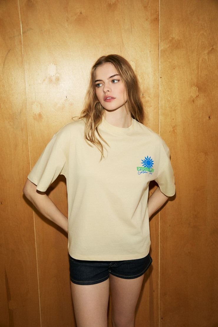 RAVELLO Kadın Yumuşak Ve Organik Pamuklu Baskı Detaylı Taş Rengi T-Shirt