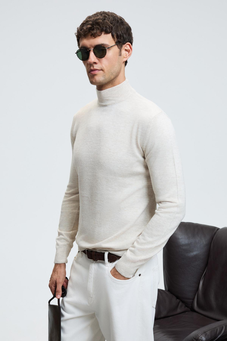 REBEL Erkek Yarım Balıkçı Yaka Basic Regular Fit Triko Bej Kazak