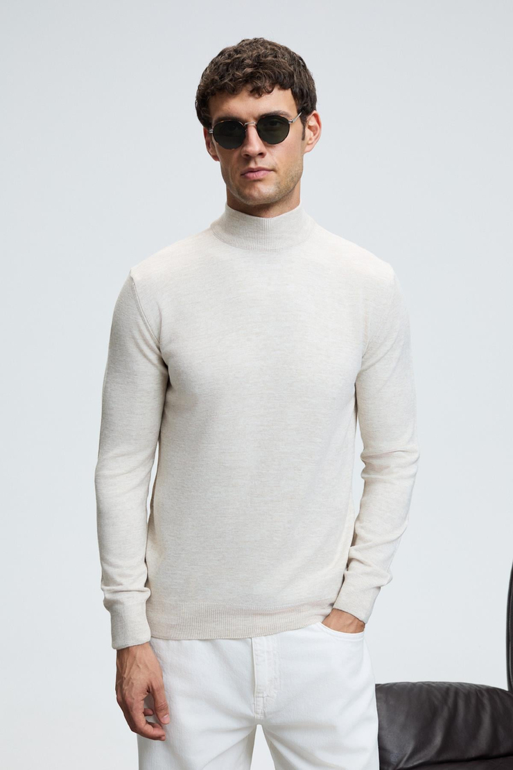 REBEL Erkek Yarım Balıkçı Yaka Basic Regular Fit Triko Bej Kazak
