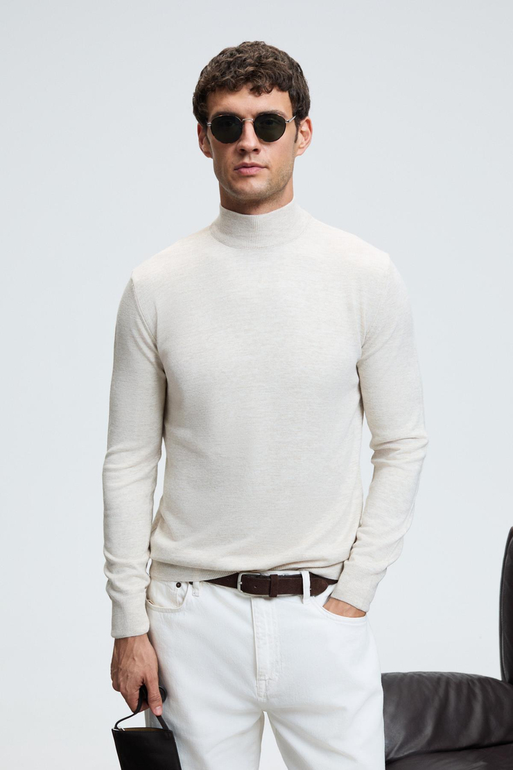 REBEL Erkek Yarım Balıkçı Yaka Basic Regular Fit Triko Bej Kazak