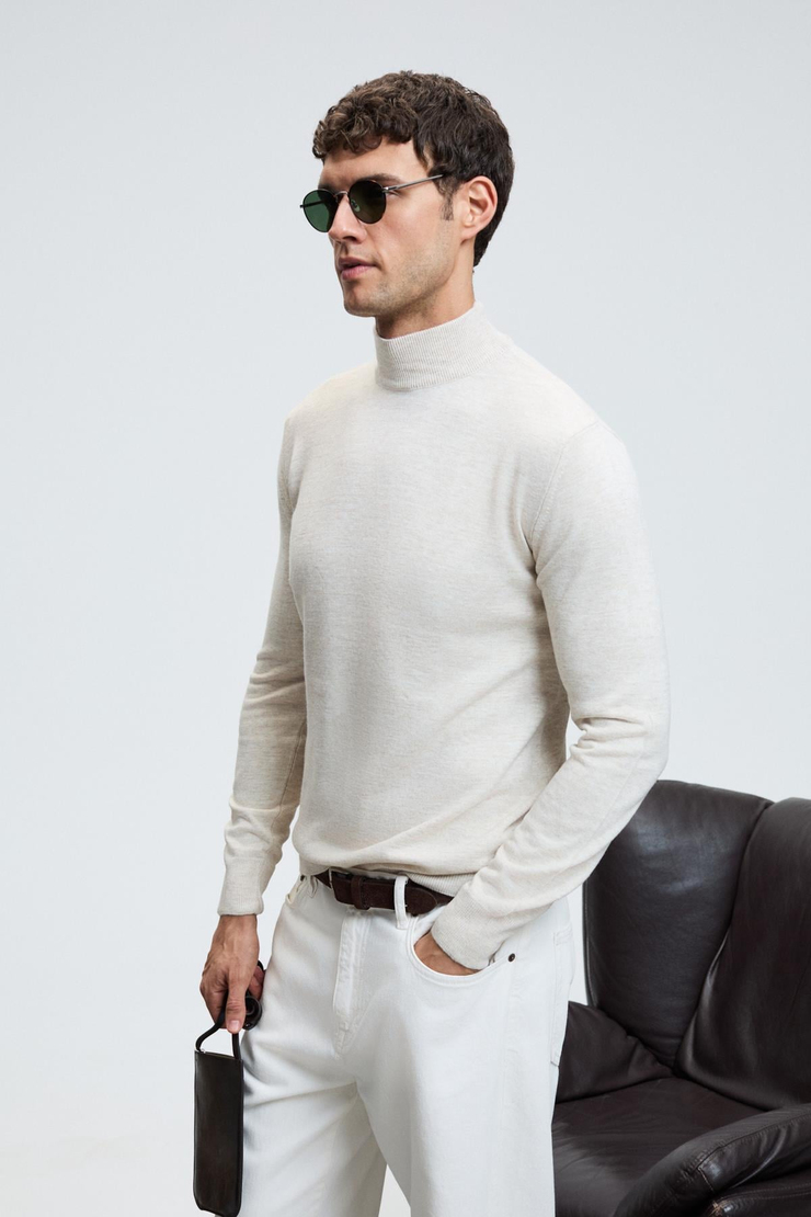 REBEL Erkek Yarım Balıkçı Yaka Basic Regular Fit Triko Bej Kazak