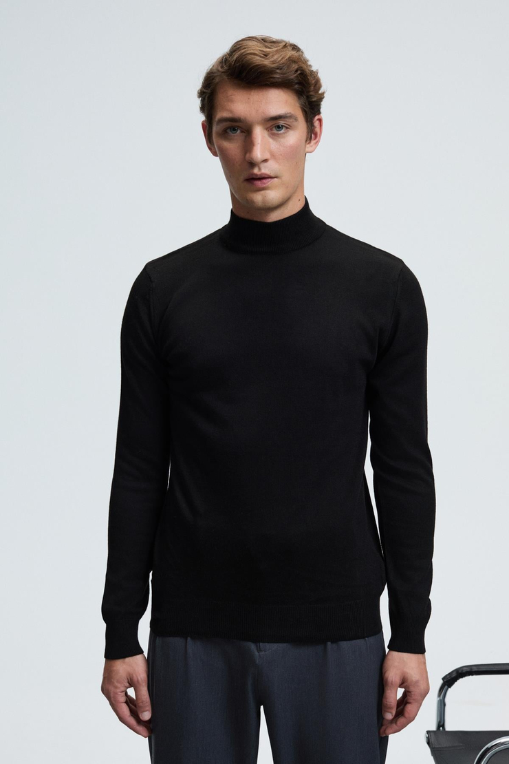 REBEL Erkek Yarım Balıkçı Yaka Basic Regular Fit Triko Siyah Kazak