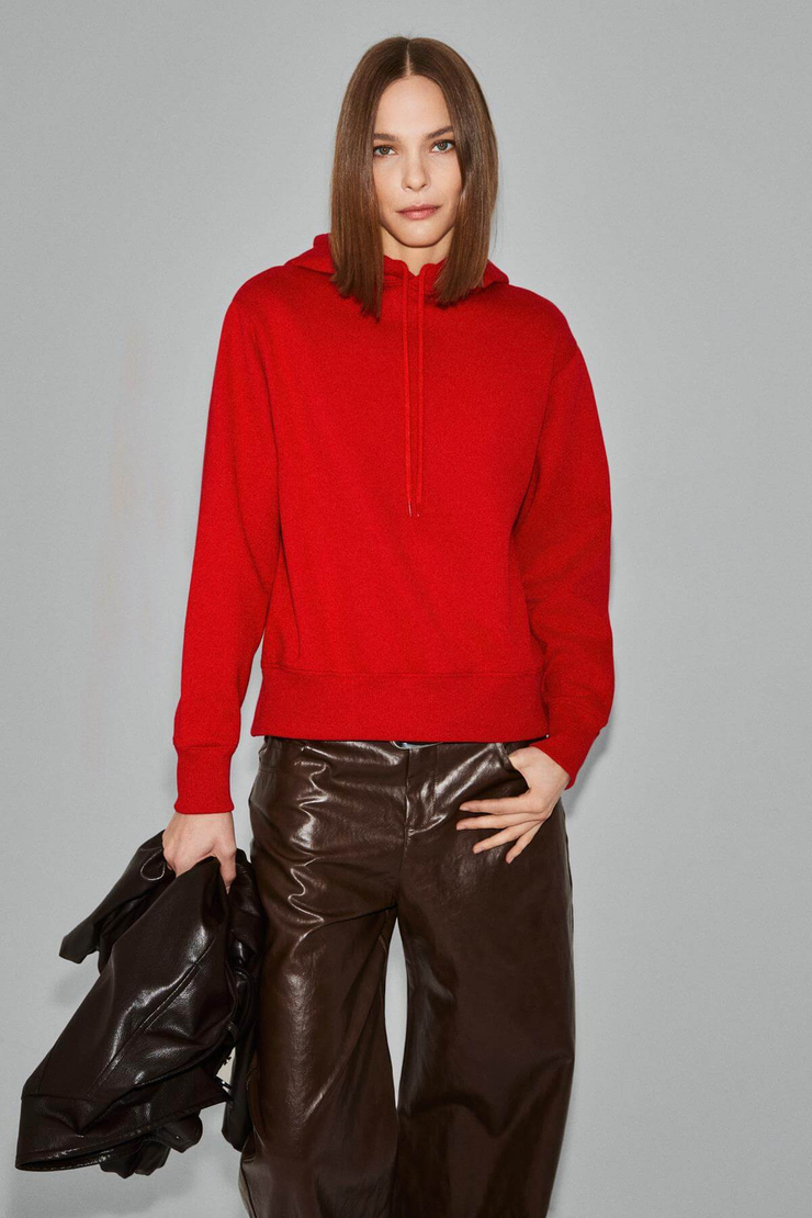 REDONY Kadın Organik Pamuklu İçi Polarlı Kapüşonlu Yaka Brit Detaylı Regular Kırmızı Sweatshirt