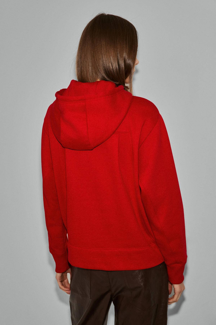 REDONY Kadın Organik Pamuklu İçi Polarlı Kapüşonlu Yaka Brit Detaylı Regular Kırmızı Sweatshirt
