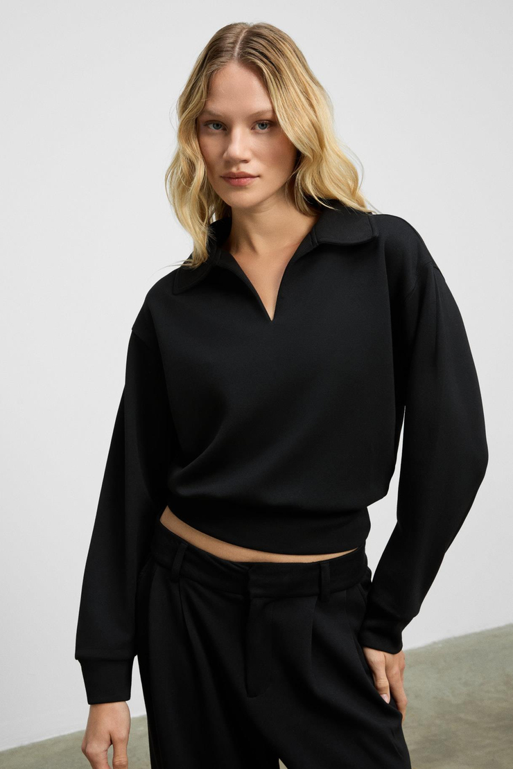 REGNO Kadın Gömlek Yaka Kol Ve Etek Ucu Manşetli Uzun Kollu Oversize Siyah Sweatshirt