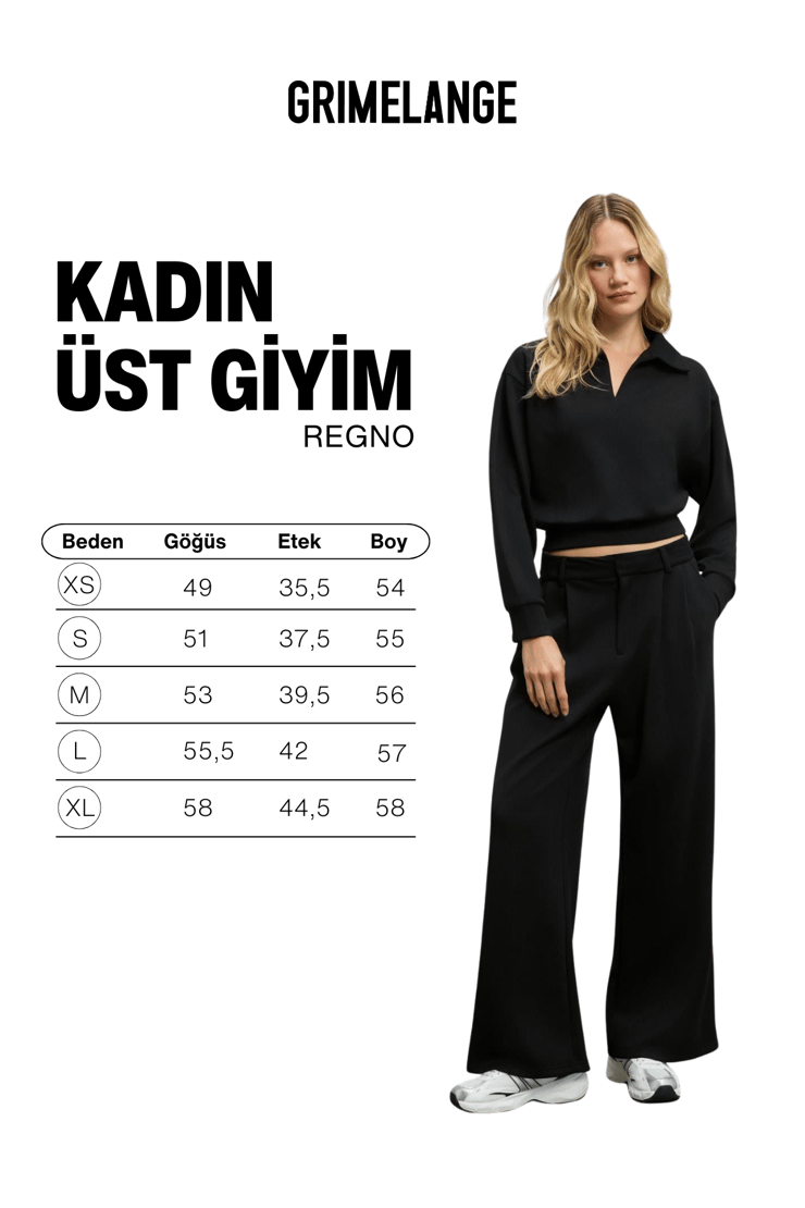 REGNO Kadın Gömlek Yaka Kol Ve Etek Ucu Manşetli Uzun Kollu Oversize Siyah Sweatshirt