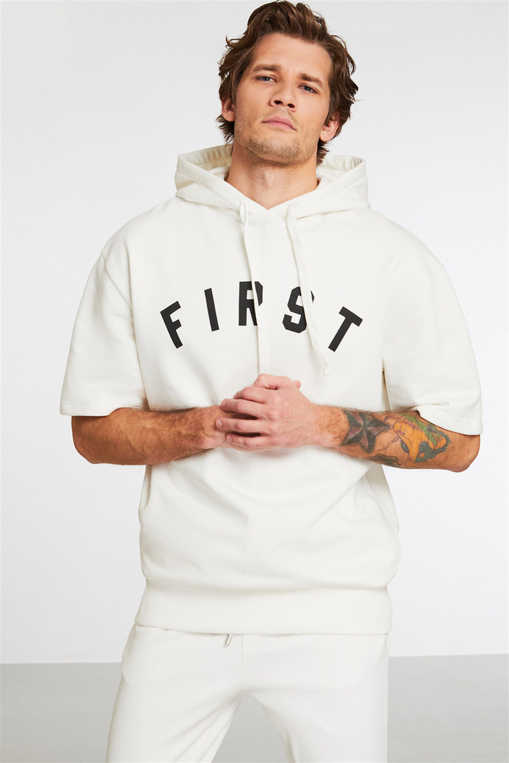 RELEGATE Erkek Ekru Baskılı Kapüşonlu Relaxed Fit Sweatshirt
