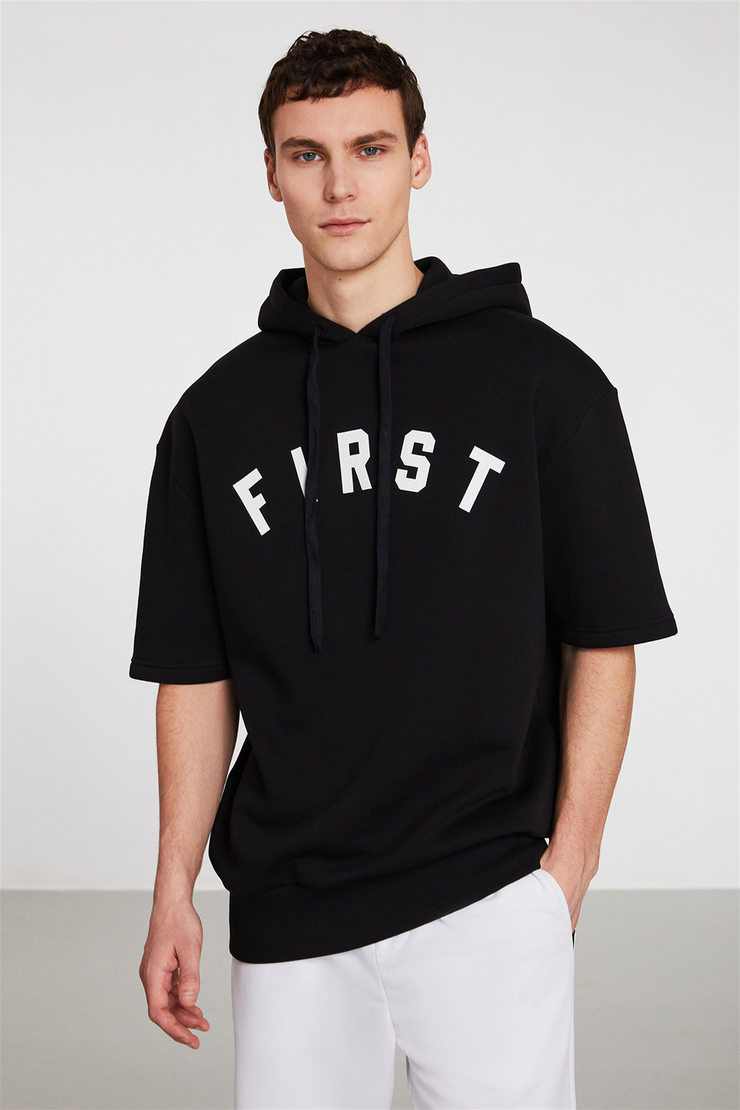 RELEGATE Erkek Siyah Baskılı Kapüşonlu Relaxed Fit Sweatshirt