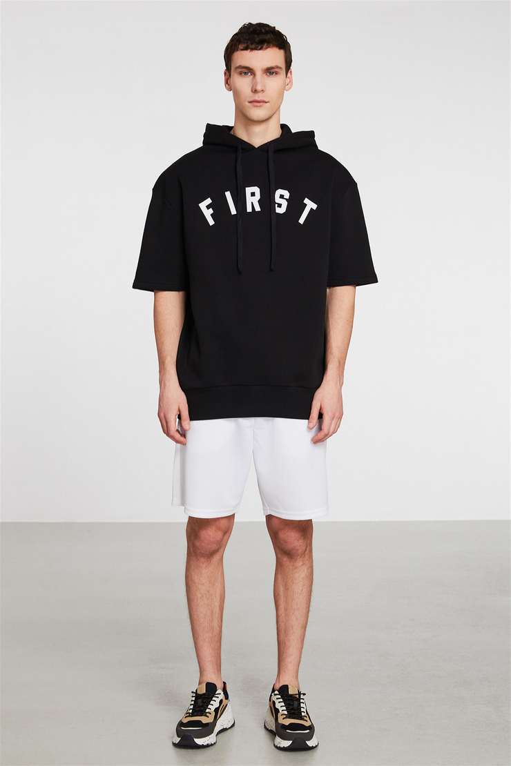 RELEGATE Erkek Siyah Baskılı Kapüşonlu Relaxed Fit Sweatshirt