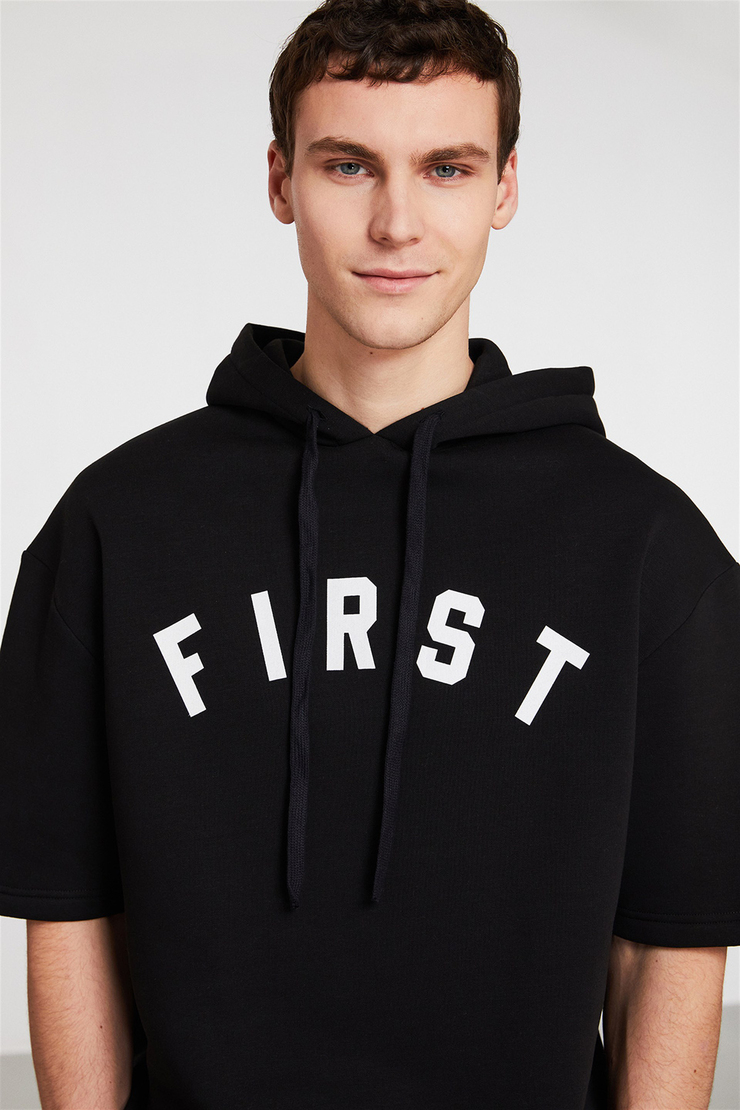 RELEGATE Erkek Siyah Baskılı Kapüşonlu Relaxed Fit Sweatshirt