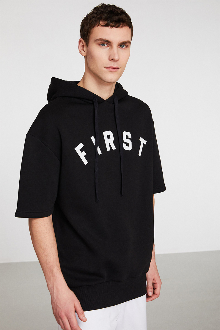 RELEGATE Erkek Siyah Baskılı Kapüşonlu Relaxed Fit Sweatshirt