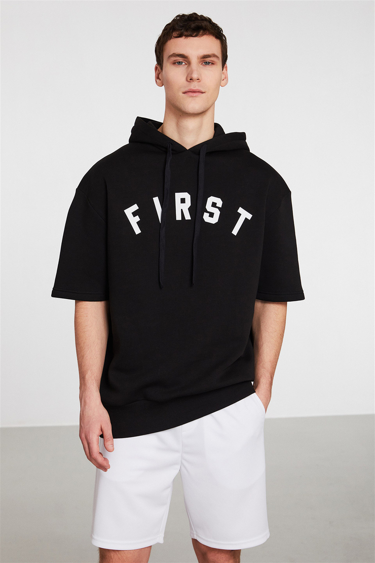 RELEGATE Erkek Siyah Baskılı Kapüşonlu Relaxed Fit Sweatshirt